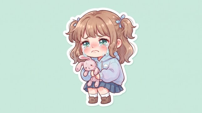 Cute chibi girl character with brown hair and teary eyes, sitting sadly with a crying expression. Soft anime-style cartoon illustration on a pastel mint green background, suitable for stickers