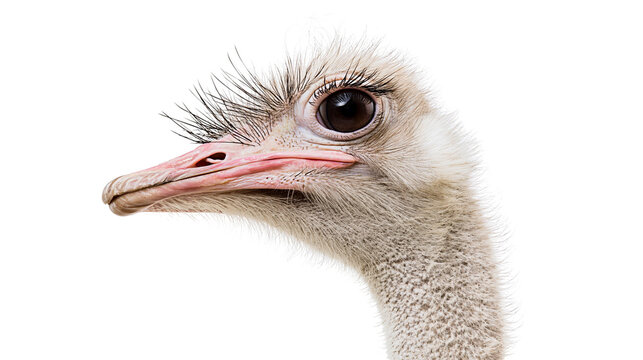 Close-up profile of an ostrich head with long eyelashes, isolated on transparent background