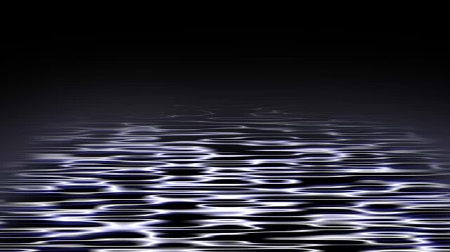 Futuristic silver neon water wave ripples surface animation on dark background, abstract neon ocean wave perspective floor overlay loop, dynamic fluid caustics pattern overlay.4k loop animation