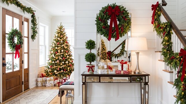 Christmas tree with gift table and topiary