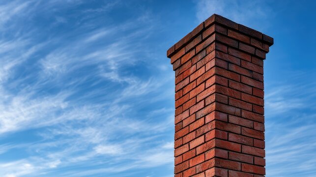 A tall red brick chimney stands against a bright blue sky with wispy clouds. Ideal for architectural and heating.