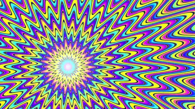 Hypnotic colorful optical illusion art featuring a swirling ripple animation effect with vibrant psychedelic waves for visual distortion