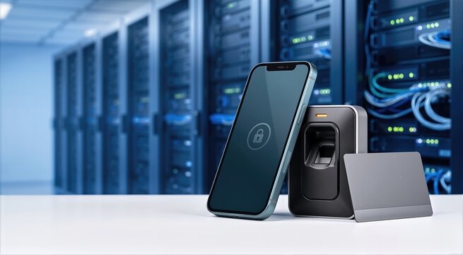 Smartphone displaying lock icon beside biometric fingerprint reader and blank security access card on white table in modern server room with illuminated network server racks. Data security concept