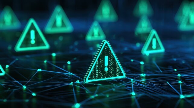 Green warning icons glowing above a dark technological network surface. System error concept for IT troubleshooting.