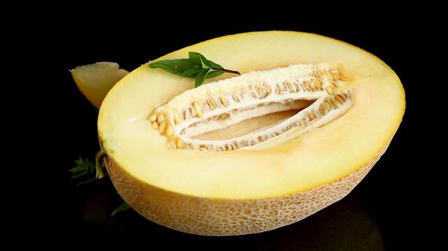 Healthy sweet melon slice with fresh basil on elegant dark background