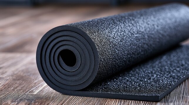 Black rubber foam insulation material rolled up on a wooden floor. Construction and hardware supply concept.