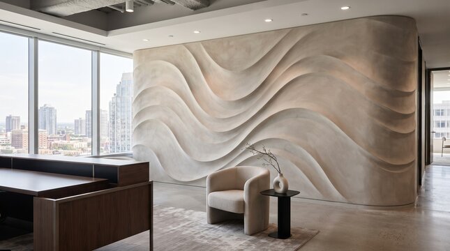Minimalist office interior featuring sculptural curved concrete wall texture and contemporary furnishings with panoramic city window views