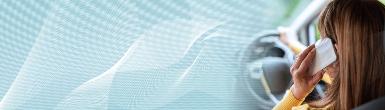 Talking on mobile phone while driving; panoramic banner