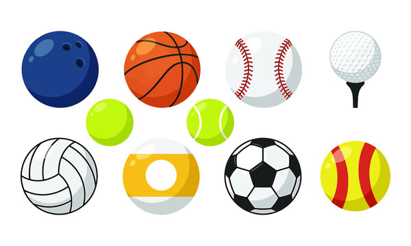 Set of various sports balls including basketball soccer and bowling ball in flat vector illustration style