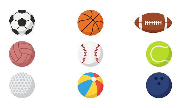 Set of various sports balls including soccer basketball football baseball and tennis in flat vector illustration style