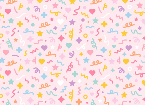 Colorful Confetti Pattern Overlay Featuring Hearts, Stars, and Ribbons on Pink Background for Party, Celebration, and Creative Graphic Projects