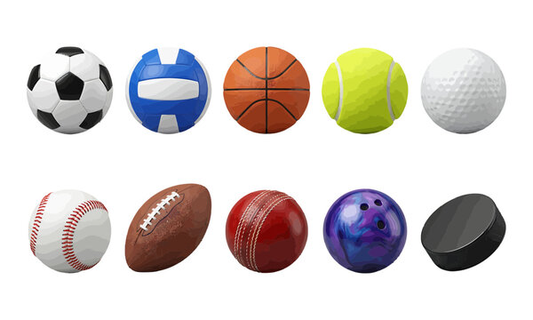 Collection of various sports balls and equipment isolated on a white background for athletic design projects