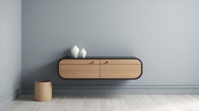 Modern minimalist living room interior with floating wooden cabinet and decor.