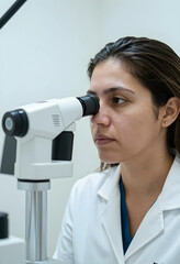 Fototapeta premium Female ophthalmologist examining a patients eye with a slit lamp microscope in a modern clinic, the doctor wears a white lab coat and blue scrubs, focusing intently on the diagnostic equipment