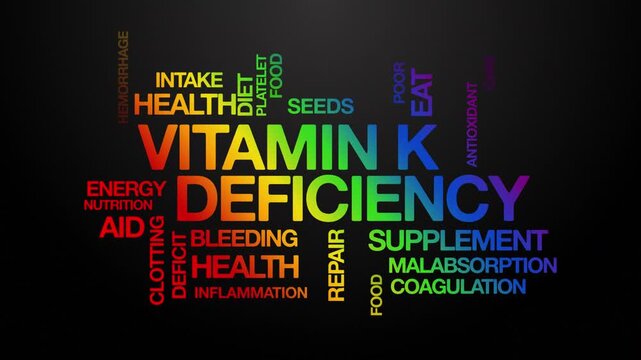 Vitamin K deficiency concept Animated Tag Word Cloud kinetic typography, Text Design Animation typography seamless loop video motion graphics Intro Wordart arrangement rainbow type on black background