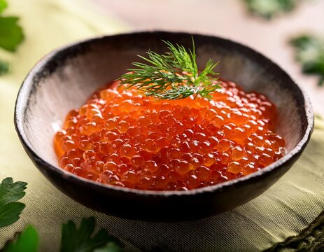 bowl of salmon roe garnished with fresh herbs in soft light