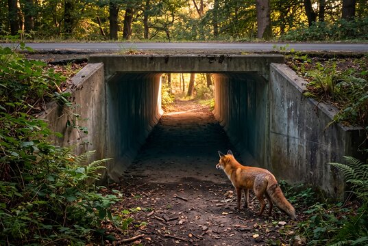 Concrete Wildlife Underpass Providing Safe Fox Crossing Beneath Rural Road and Habitat Corridor
