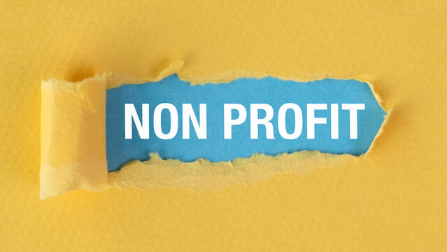 Bright yellow paper torn to reveal blue background. White bold text reads NON PROFIT. Vibrant colors convey clarity and purpose.