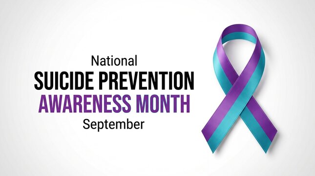 National suicide prevention awareness month banner with purple and teal ribbon on light background, healthcare concept, mental health.