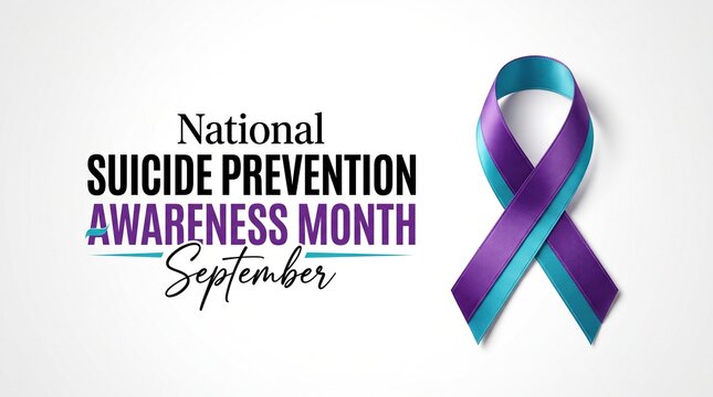 National suicide prevention awareness month banner with purple and teal ribbon on white background, mental health concept.