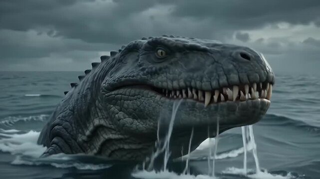 Majestic Mosasaurus prehistoric marine reptile swimming underwater in deep blue ocean water, ancient extinct creature hunting in ocean depths