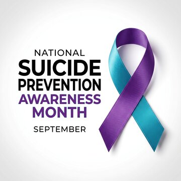 National suicide prevention awareness month text with purple and teal ribbon on white background for health campaign banner.