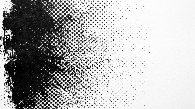 Black Halftone Ink Fade Background With Dissolving Dots and White Copy Space