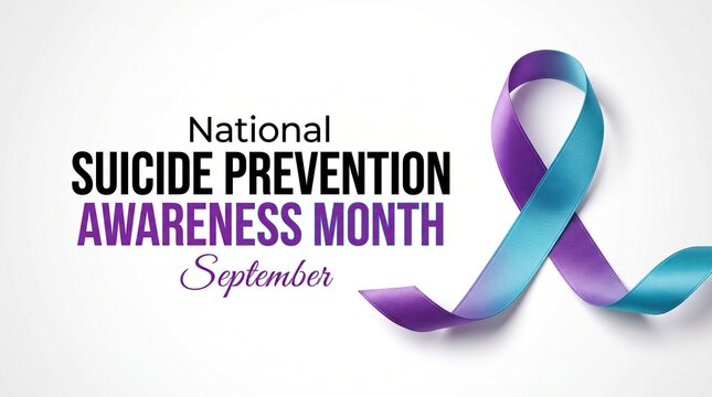 National suicide prevention awareness month text with teal and purple ribbon on white background, mental health concept.