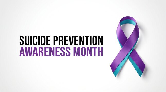 Purple and teal ribbon symbol with suicide prevention awareness month text on white background, mental health banner, support concept.