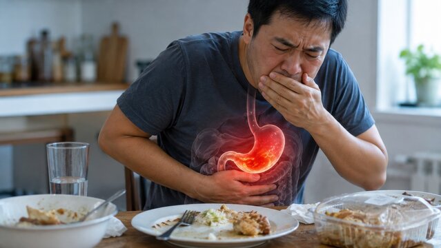 Asian man feeling nauseous while eating meal with glowing stomach illustration showing indigestion.