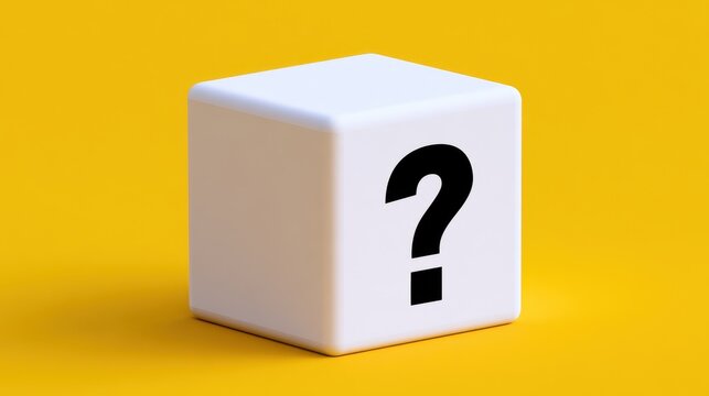 A white question mark cube on a bright yellow background. Useful for FAQ and problem solving concepts.