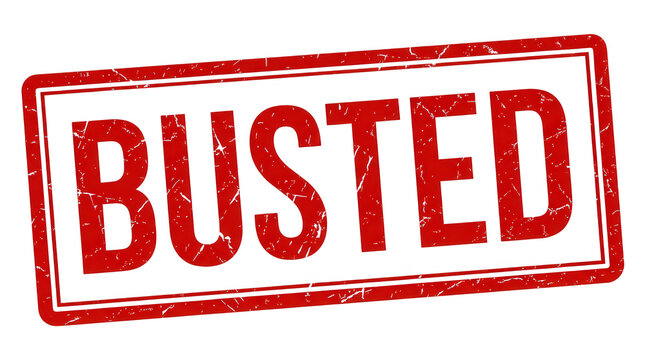Red rubber stamp with the word busted inside a rectangular border isolated on a simple clear transparent background isolated on transparent background