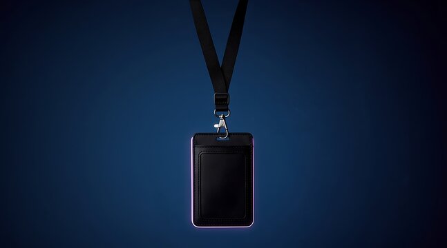 Black Lanyard Holding A Blank Identification Card Against A Dark Blue Background.