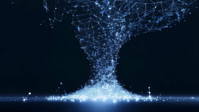 Abstract digital network vortex with glowing blue nodes and flowing data connections