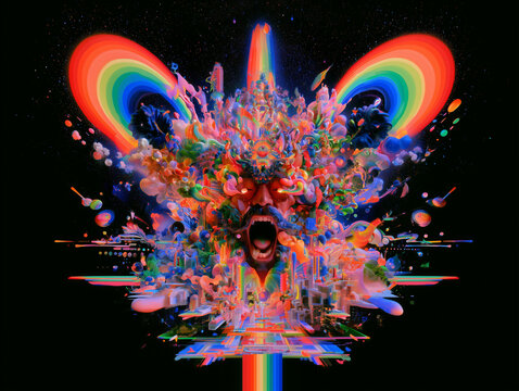 Psychedelic Human Face Bursting With Rainbows