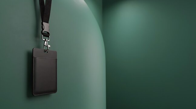 Black Lanyard with ID Card Holder Hanging on a Green Wall.