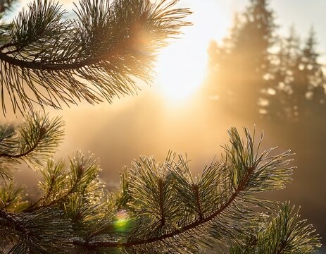 sunlight filtering through fog over pine tree branches in soft focus