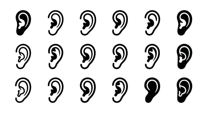 Human Ear Anatomy Shapes and Variations Silhouettes Set Vector Illustration, Hearing Organ Icons, Attached and Unattached Earlobe Types for Medical, Audiology, and Graphic Design