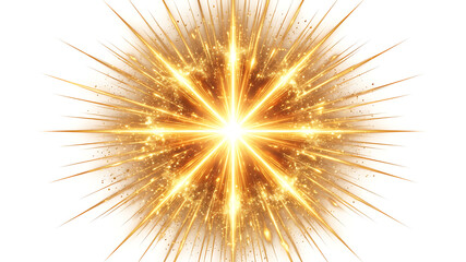 Fototapeta premium Golden light explosion with starburst rays and glowing particles on white background