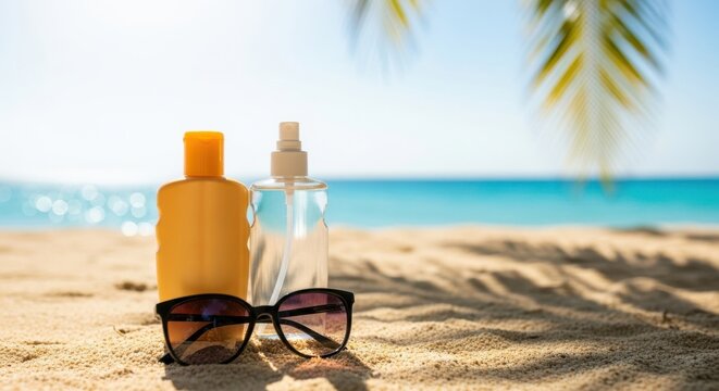 Sunscreen bottles and sunglasses on a sandy beach