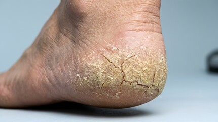 Fototapeta premium Close up of heavily calloused and cracked heel skin showing severe dry epidermis damage.