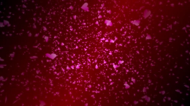 Pink heart shapes falling down or flying away on dark red background. Abstract background for Happy Valentine's day and wedding ceremony.