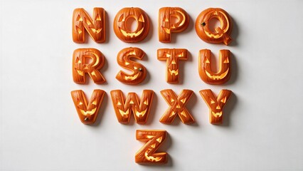 Naklejka premium Halloween pumpkin letters with glowing carved details and classic jack-o'-lantern texture — ideal for Halloween campaigns, seasonal branding, party invitations, packaging, and festive advertising.