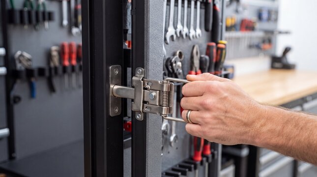 A person opening a metal cabinet door filled with various hand tools hanging on a pegboard ad social media download thambnail poster web template event festival 2026 2027 2028