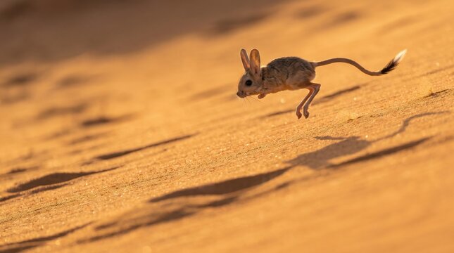 Small Jerboa Rodent Jumping Over Golden Sand Dunes in the Desert During Sunset Warm Light