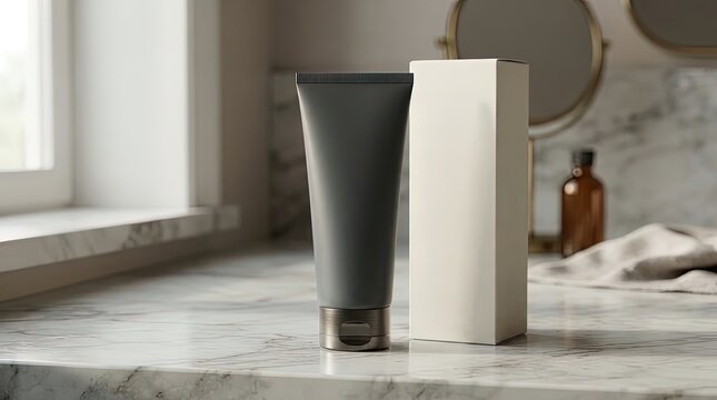 Cosmetic cream tube and packaging on marble surface