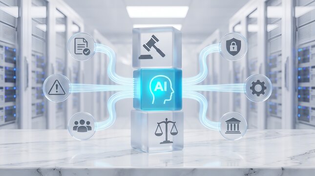AI legal tech concept with icons for justice and data in server room