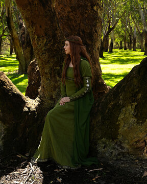 full length portrait of beautiful female model, sitting figure, wearing green medieval historical gown costume with cloak. Magical forest background with trees.