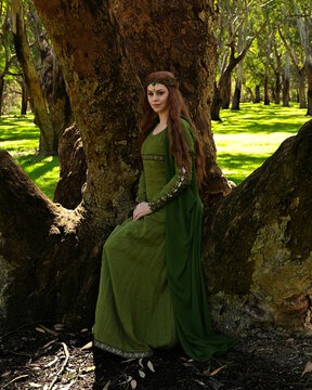 full length portrait of beautiful female model, sitting figure, wearing green medieval historical gown costume with cloak. Magical forest background with trees.