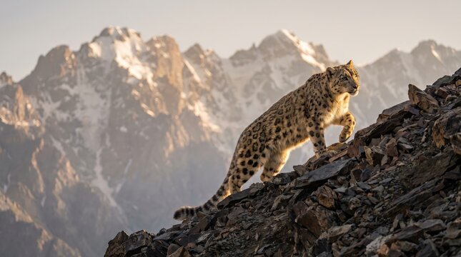 Majestic snow leopard walking on rugged rocky mountain slope with snowy peaks in the background